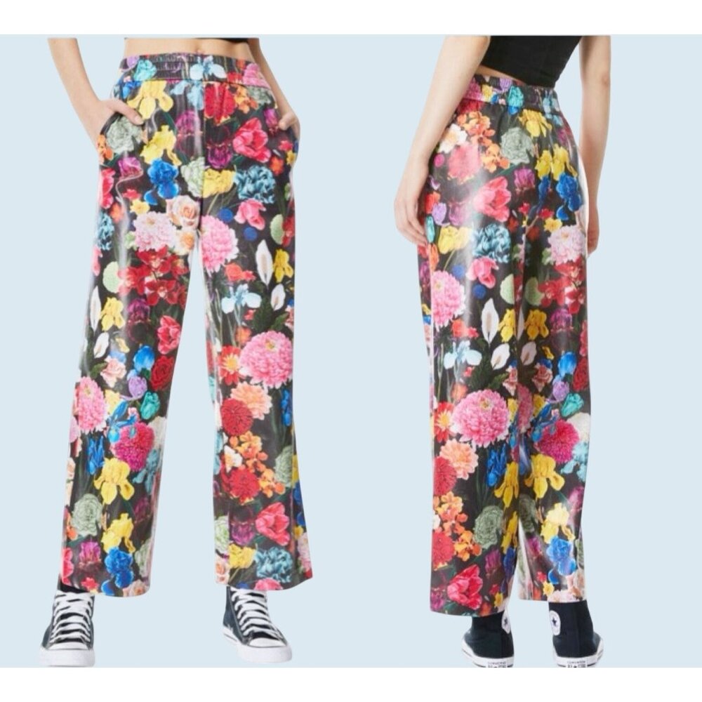 Wide-Leg Floral Print Pants - Black Multicolor